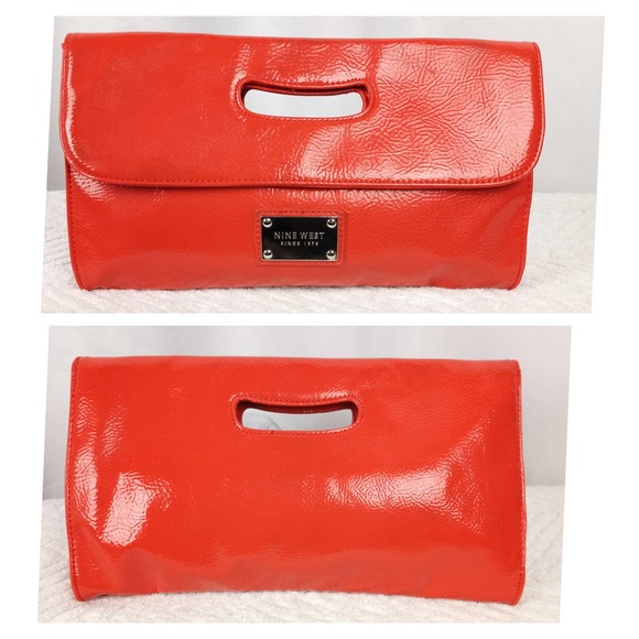 Nine Wesr Handbags - NINE WEST-Orange Vegan Patent Leather Clutch